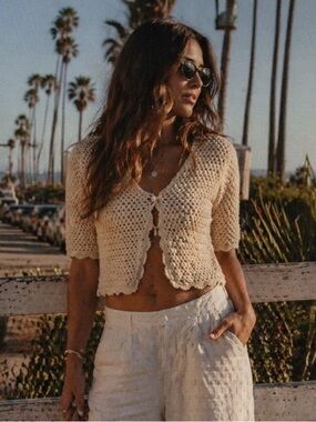 Norm Thompson Crochet Crop Cardigan Linen Blend Boho Coastal Neutral Minimalist